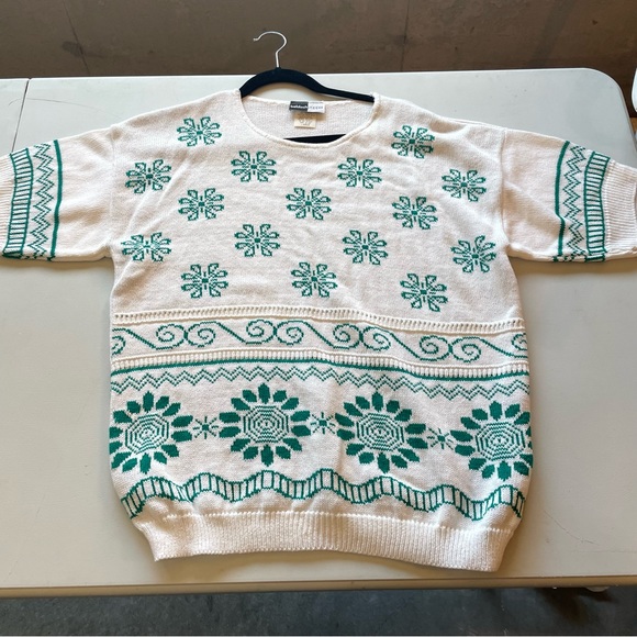 Vintage 80s Beldoch Popper Green Floral Short Sleeve Sweater Top Large - Picture 3 of 6